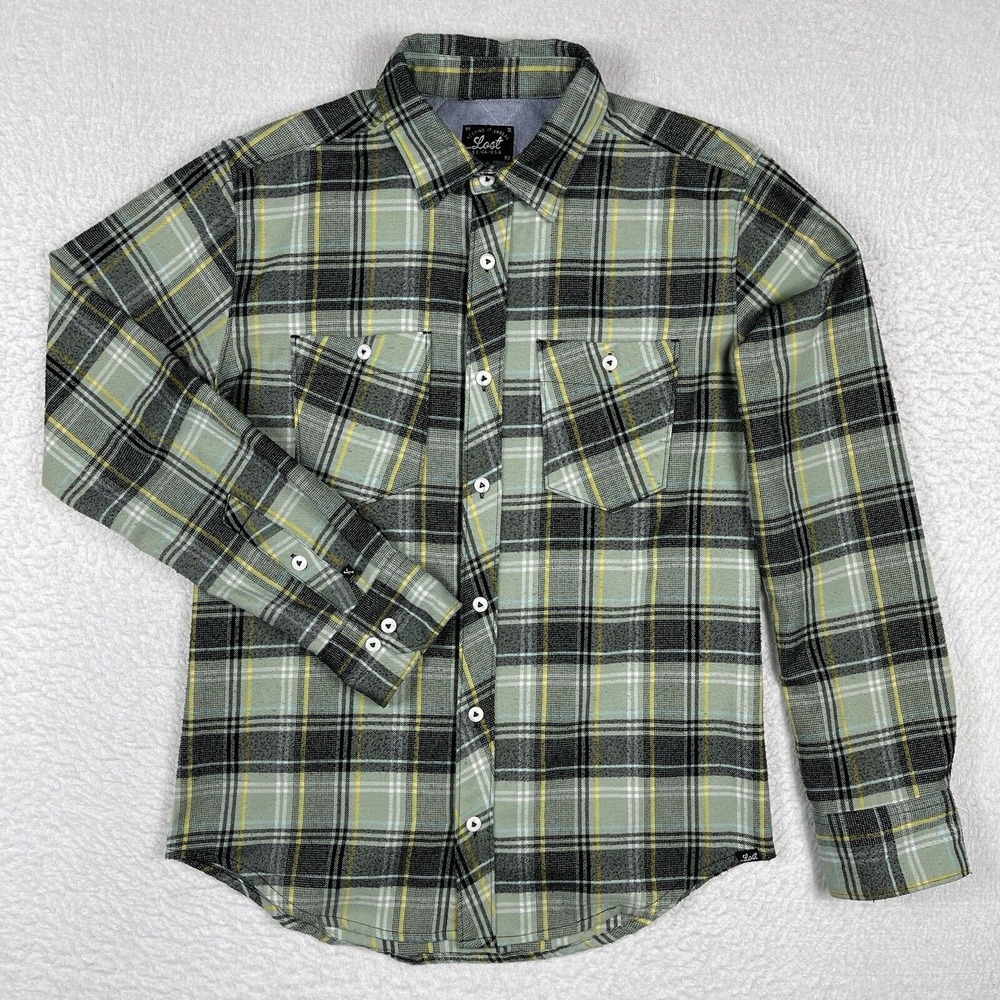 Lost Shirt Mens Small Green Gray Plaid Flannel Surf Skate Grunge Outdoors